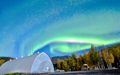 Northern lights over Chena Hot Springs ice museum with forest backdrop.