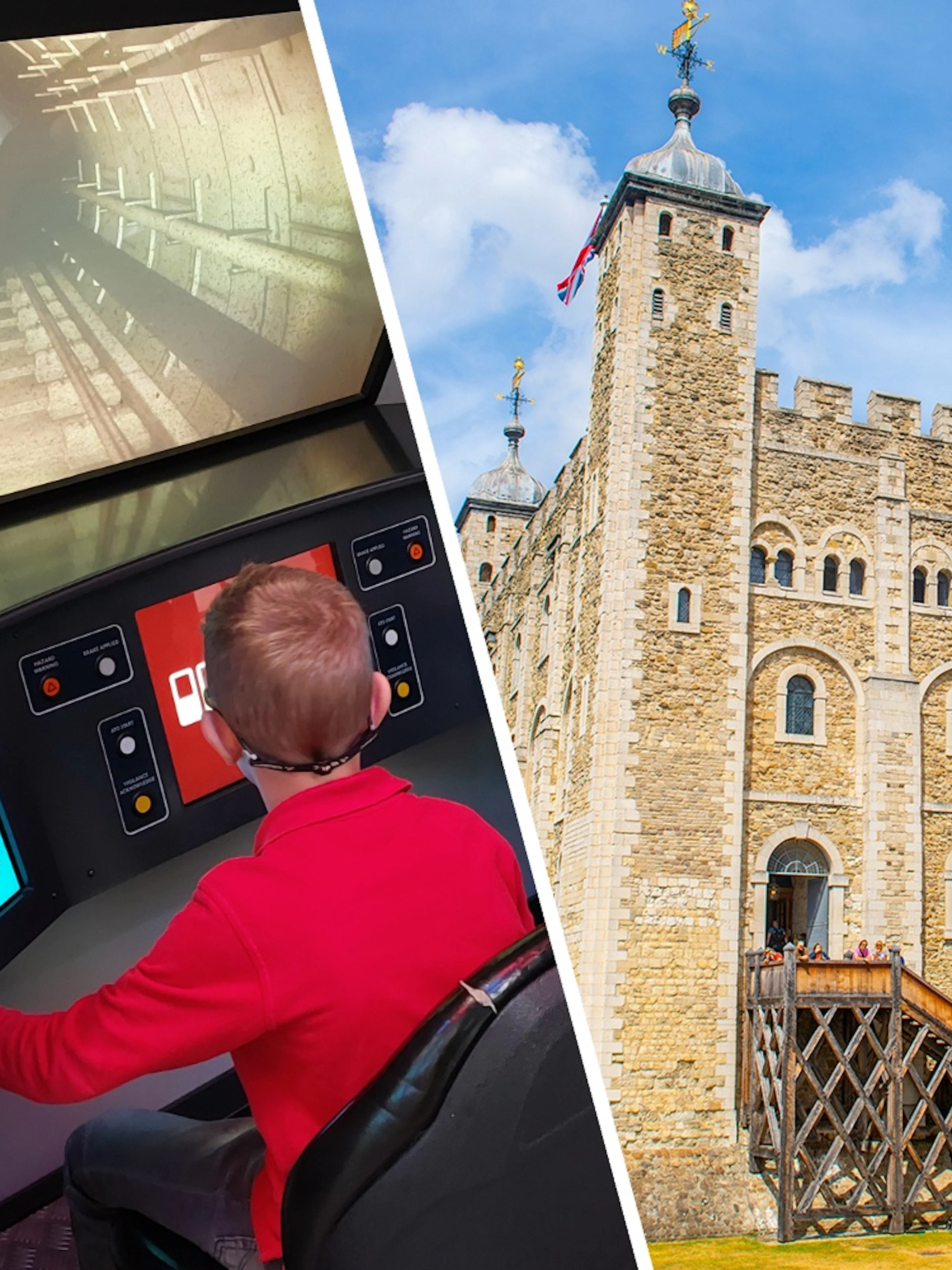 Train simulator at London Transport Museum and exterior of Tower of London.
