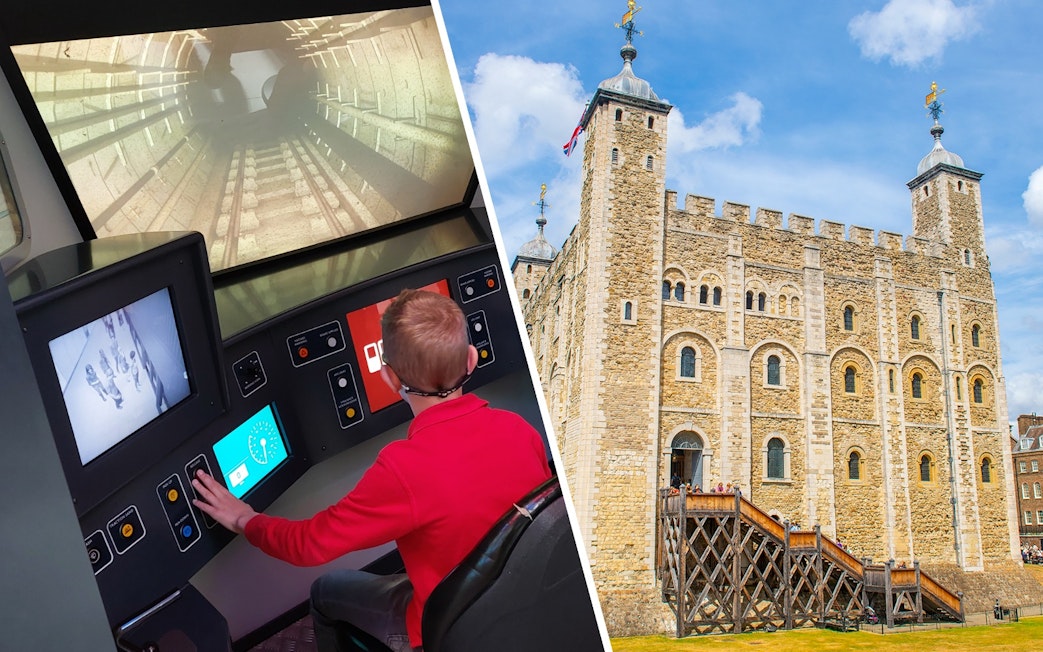 Train simulator at London Transport Museum and exterior of Tower of London.