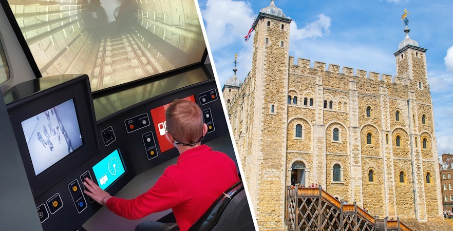 Train simulator at London Transport Museum and exterior of Tower of London.