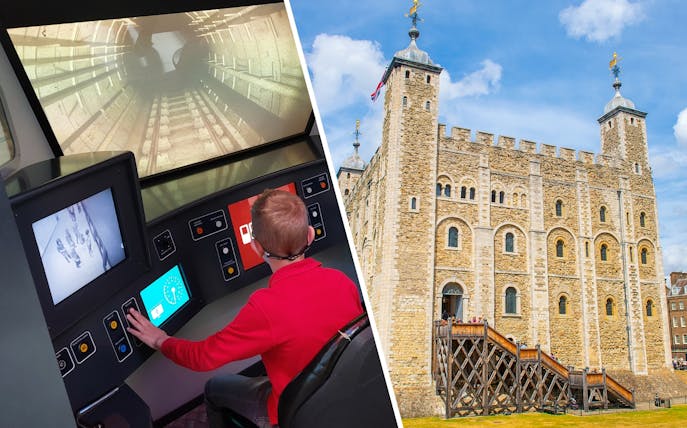Train simulator at London Transport Museum and exterior of Tower of London.