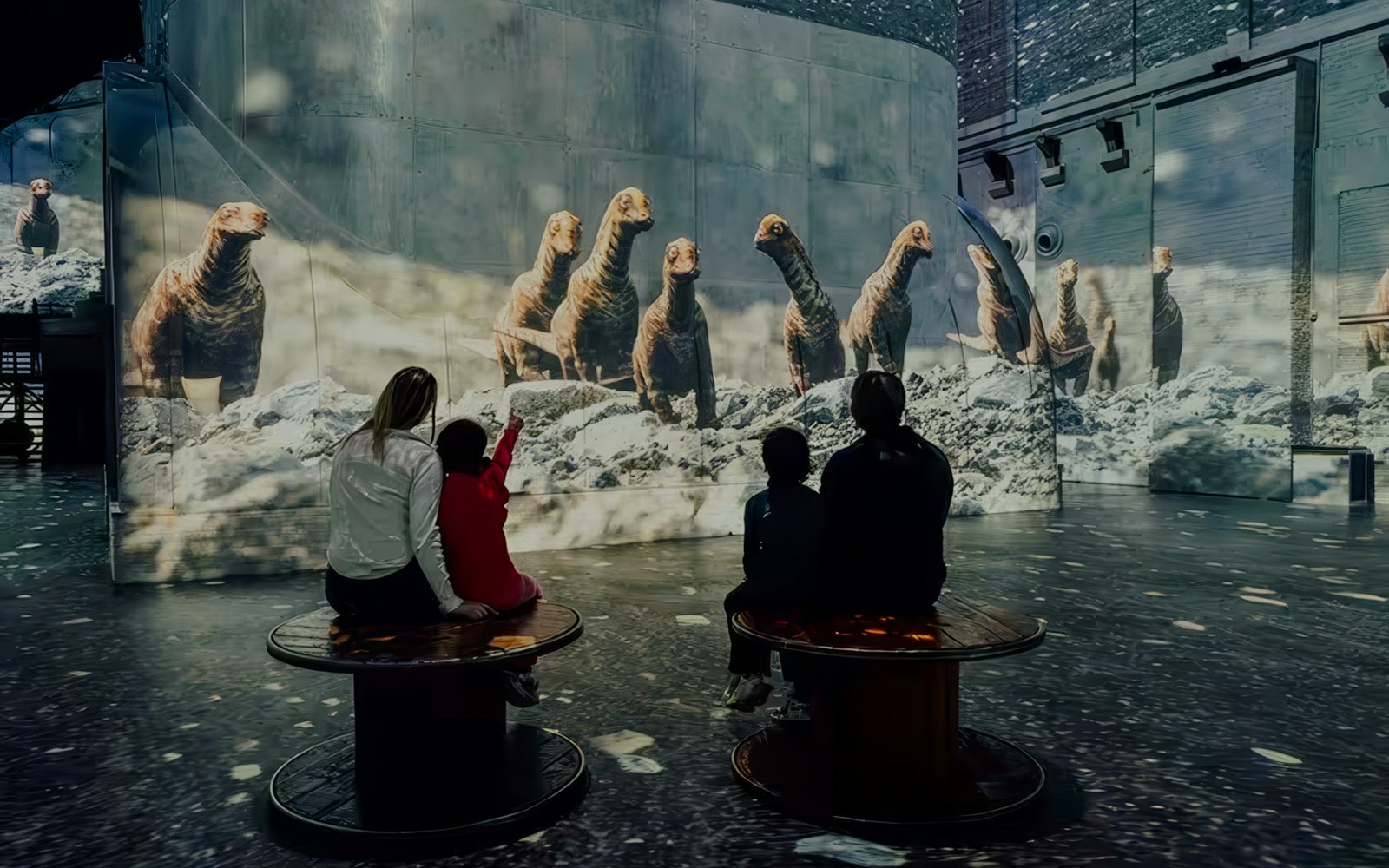 Visitors watching dinosaur projections at Prehistoric Planet: Dinosaurs – The Immersive Experience.