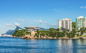 Museum of Contemporary Art view from speedboat tour in Rio de Janeiro.