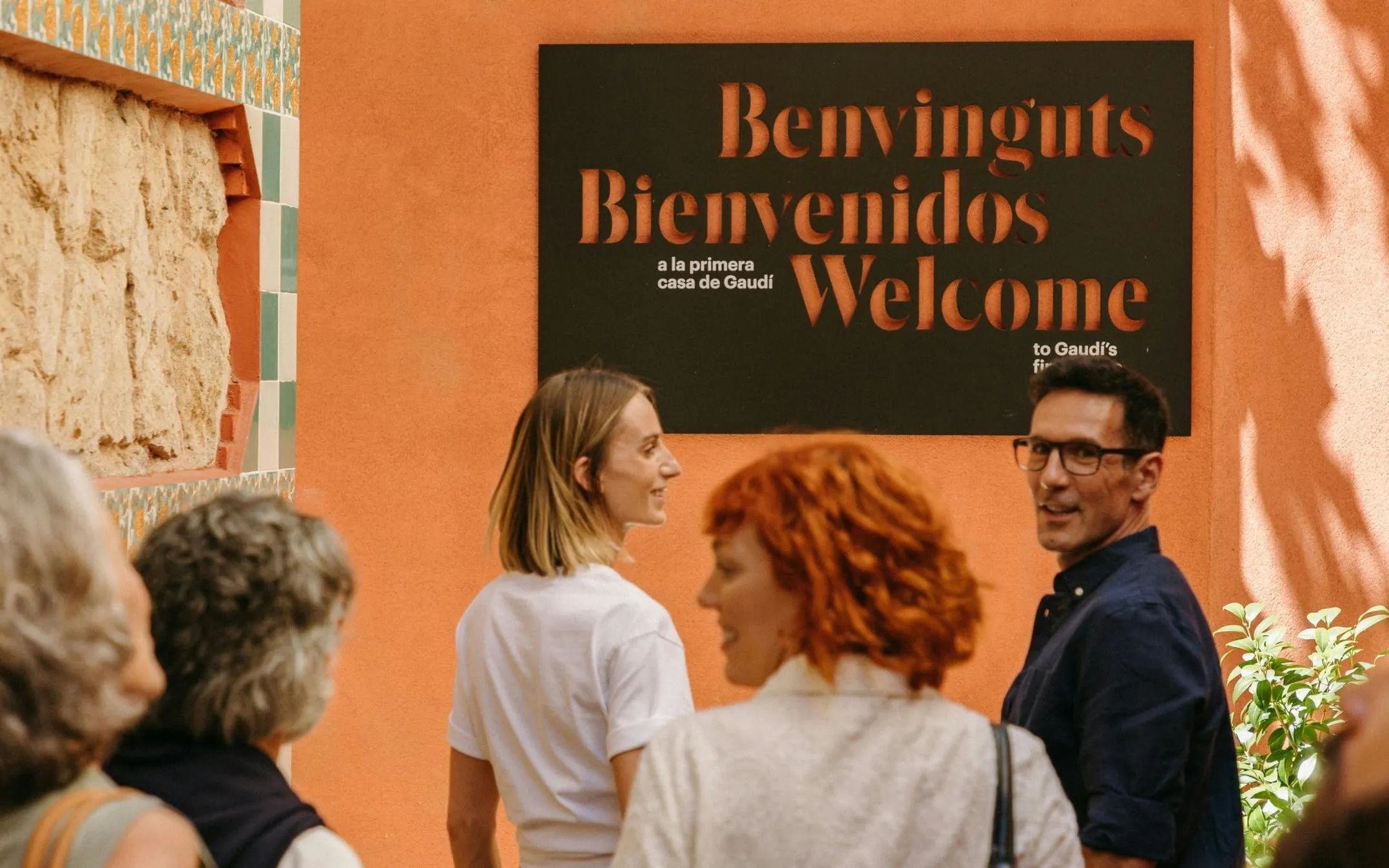Tourists with guide at Casa Vicens entrance, Barcelona.