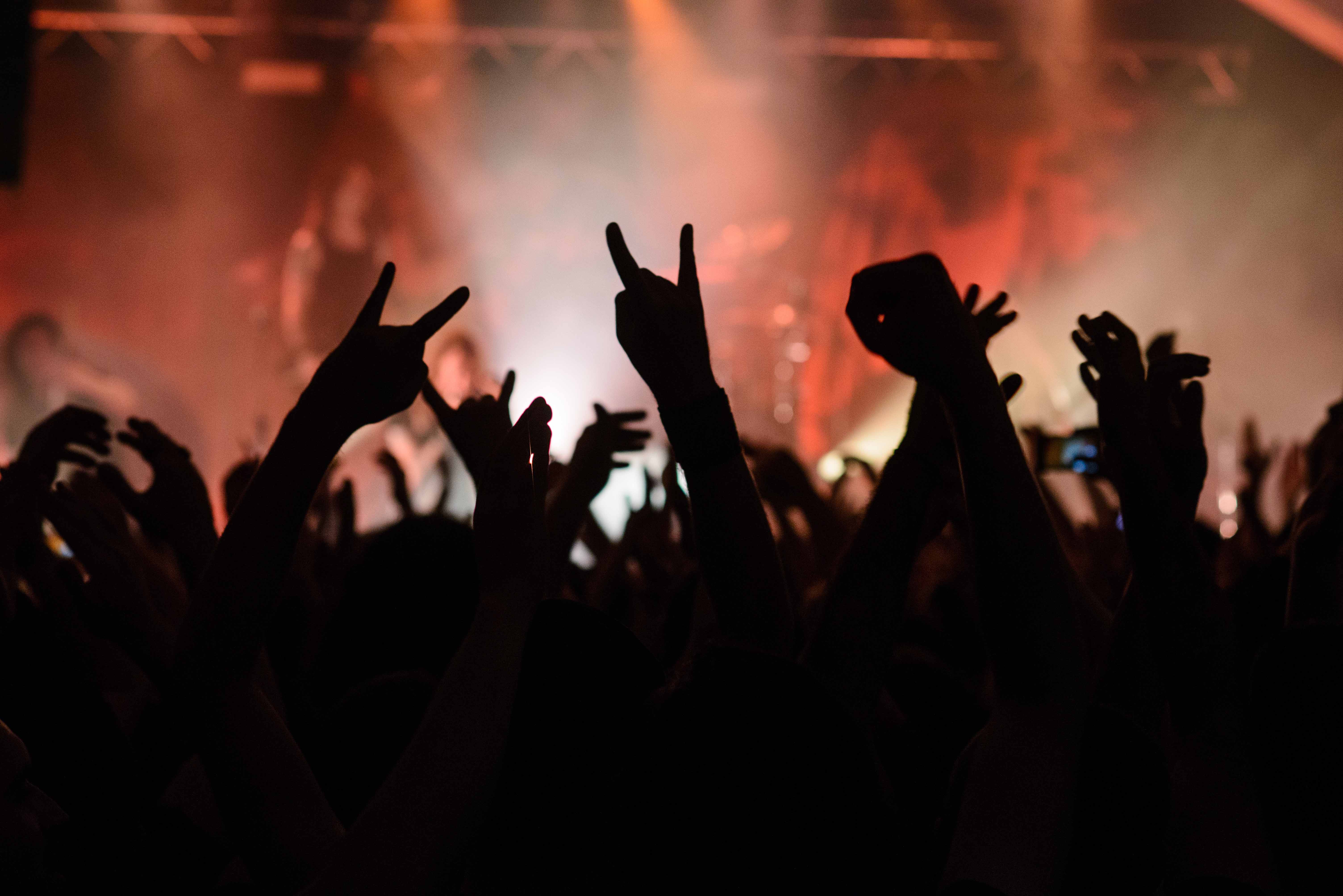 Crowd celebrating with raised hands at a concert.