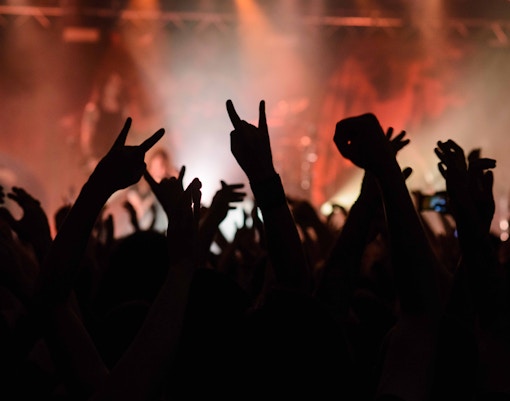 Crowd celebrating with raised hands at a concert.