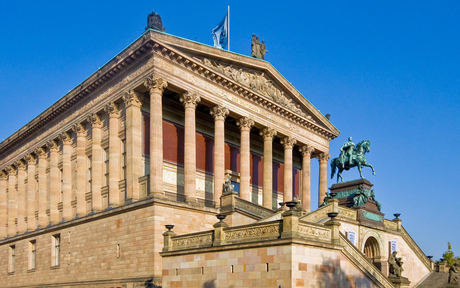 Alte Nationalgalerie facade with grand staircase in Berlin, Germany.