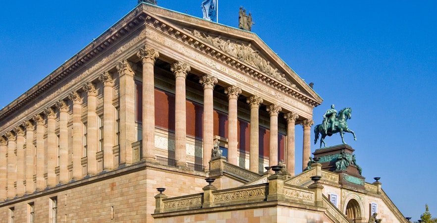 Alte Nationalgalerie facade with grand staircase in Berlin, Germany.