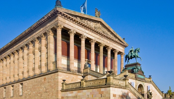 Alte Nationalgalerie facade with grand staircase in Berlin, Germany.