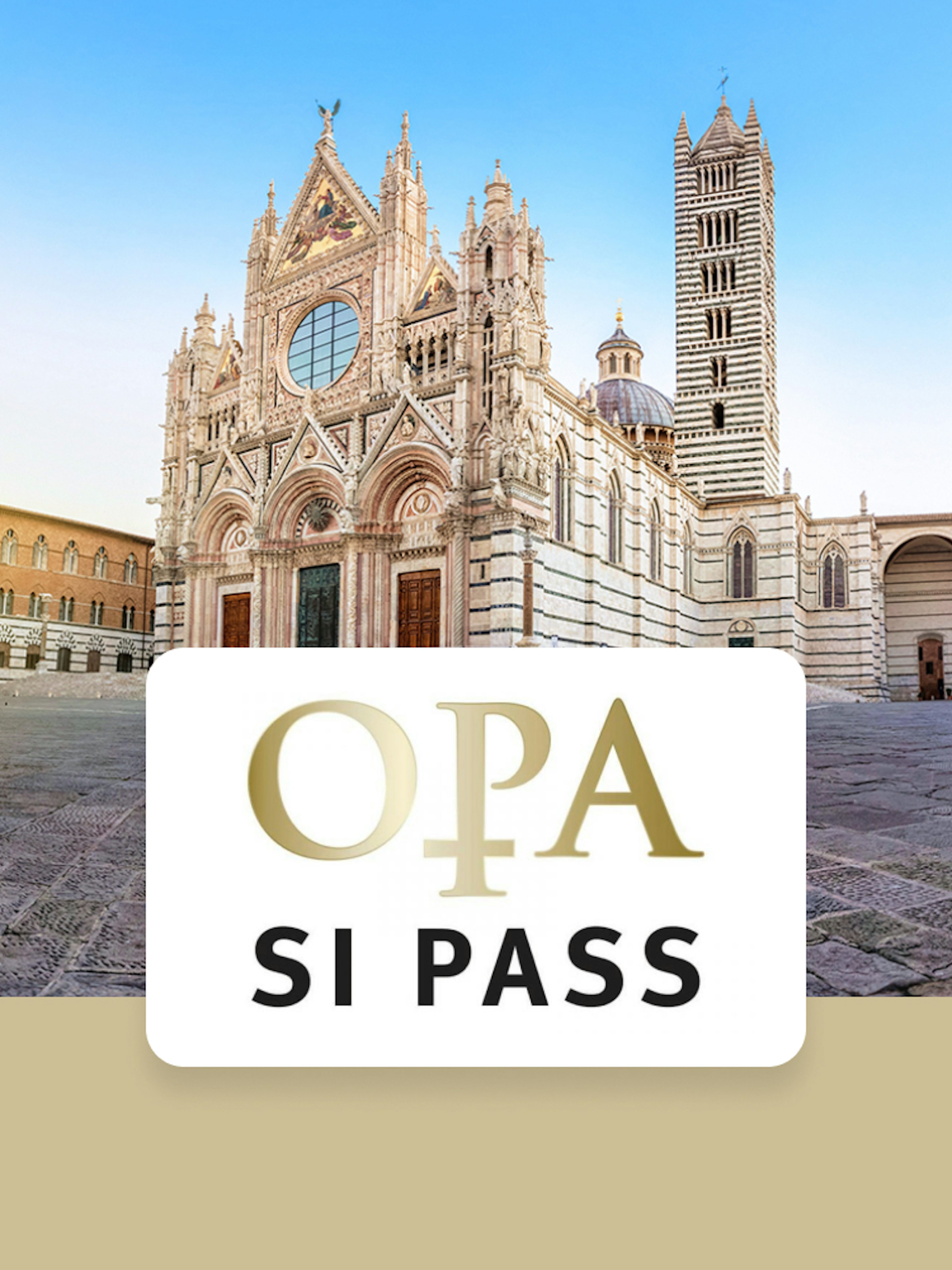 Siena Cathedral facade with OPA SI Pass logo in foreground.