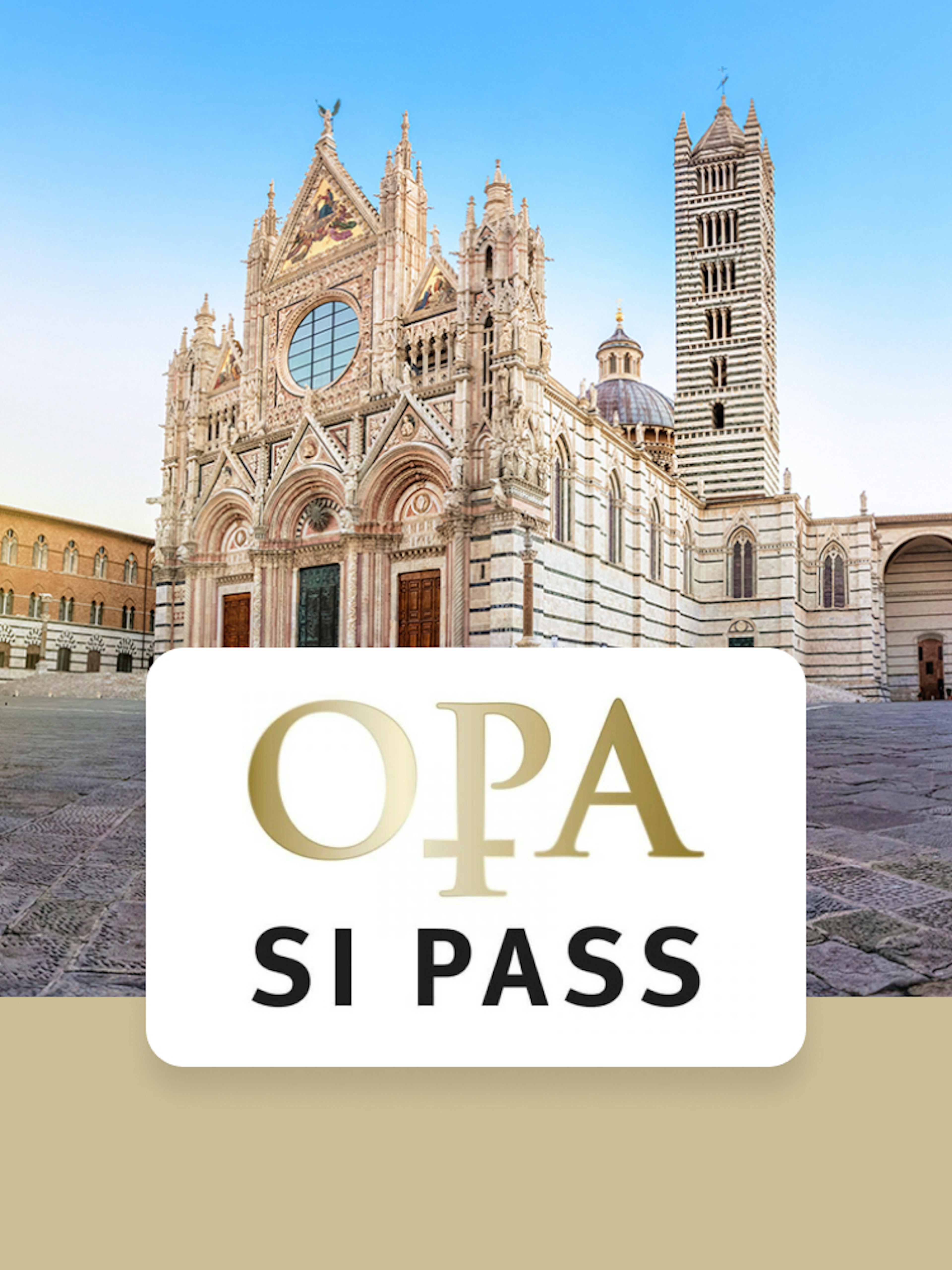 Siena Cathedral facade with OPA SI Pass logo in foreground.