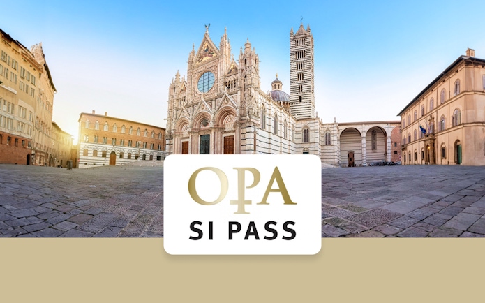 Siena Cathedral facade with OPA SI Pass logo in foreground.