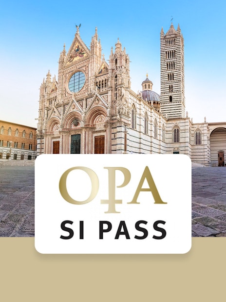 Siena Cathedral facade with OPA SI Pass logo in foreground.