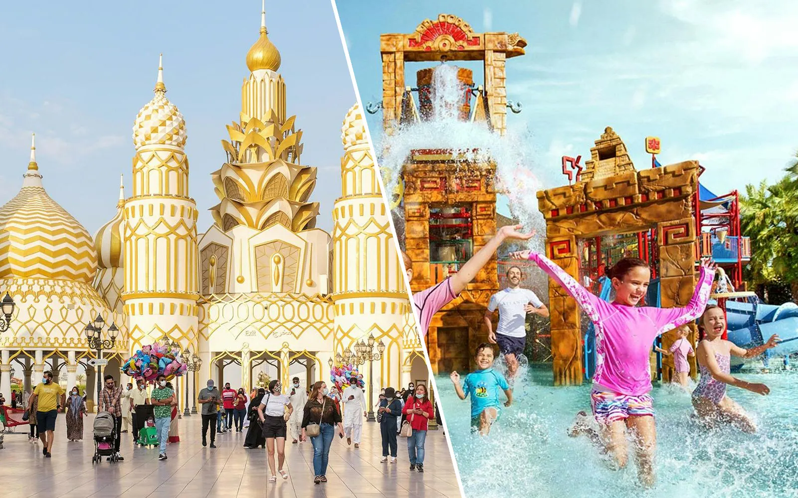 Colorful pavilions at Global Village Dubai and kids enjoying Splashers ride at Atlantis, The Palm waterpark.