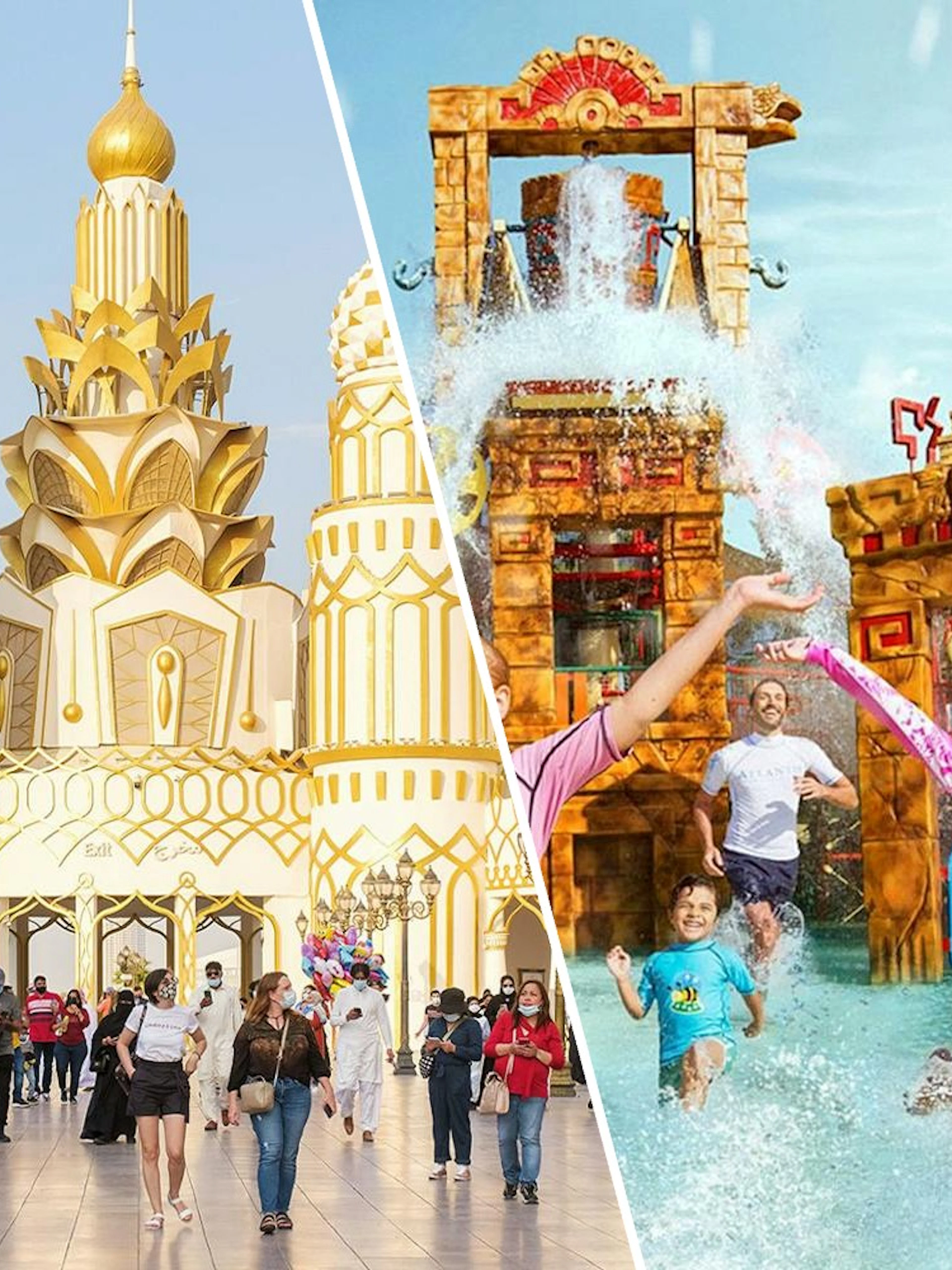 Colorful pavilions at Global Village Dubai and kids enjoying Splashers ride at Atlantis, The Palm waterpark.