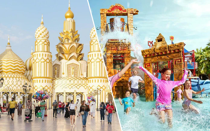 Colorful pavilions at Global Village Dubai and kids enjoying Splashers ride at Atlantis, The Palm waterpark.