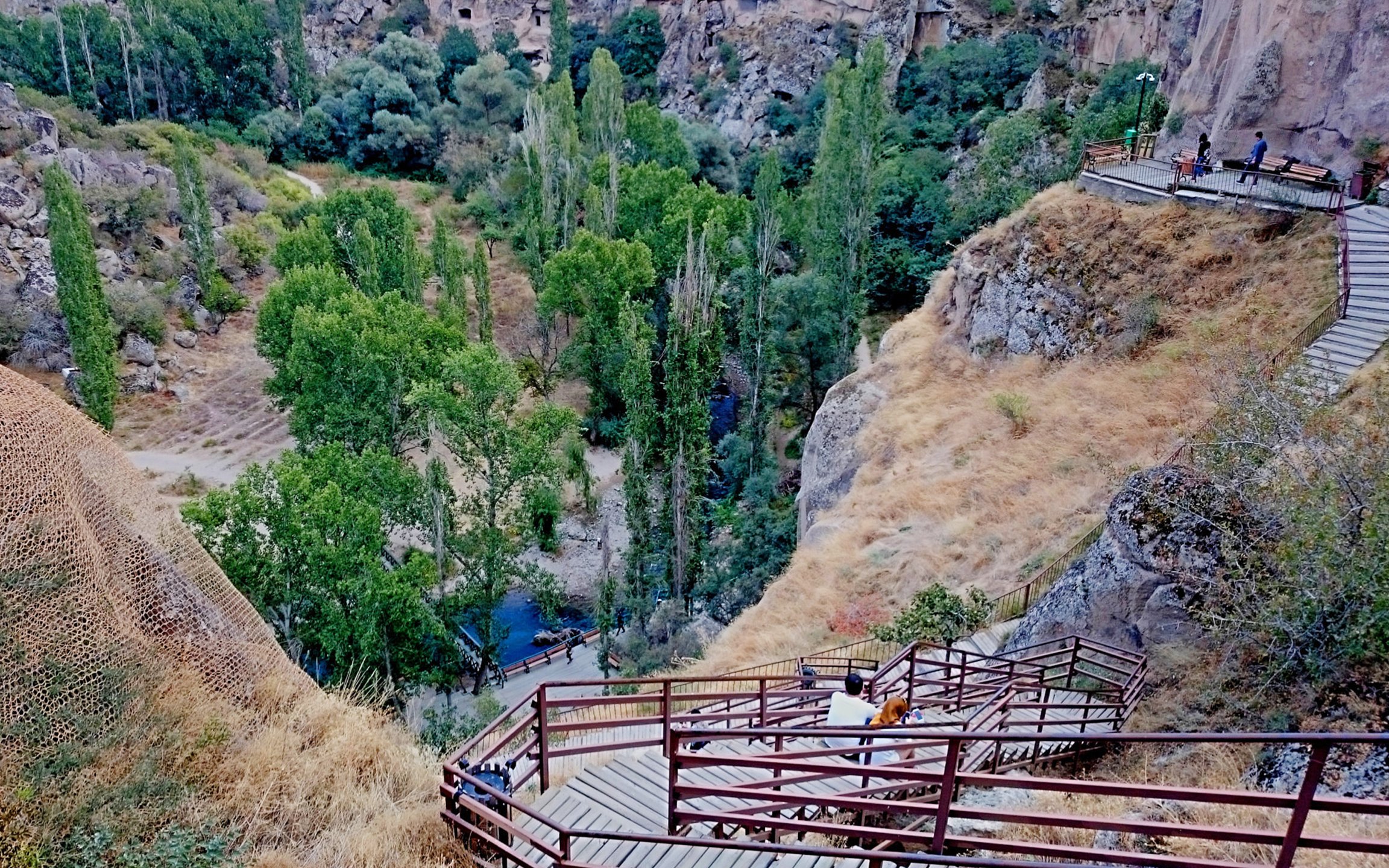 Wooden stairs descending into Ihlara Valley, Turkey, surrounded by lush greenery and rocky cliffs.