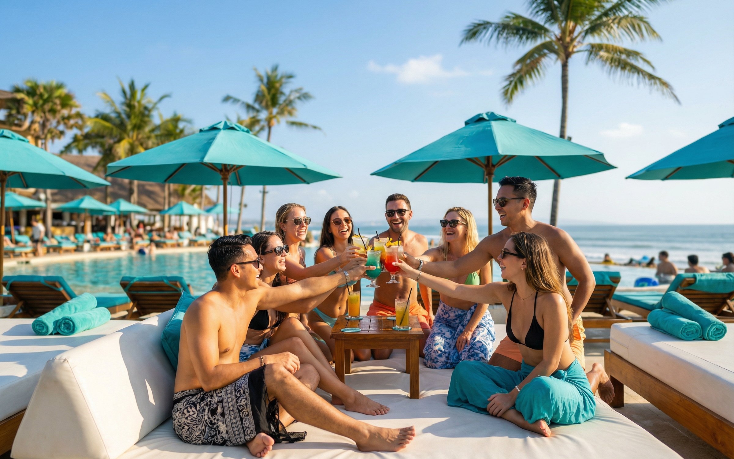Tourists enjoying drinks at Finn's Beach Club super bed by the pool in Bali.
