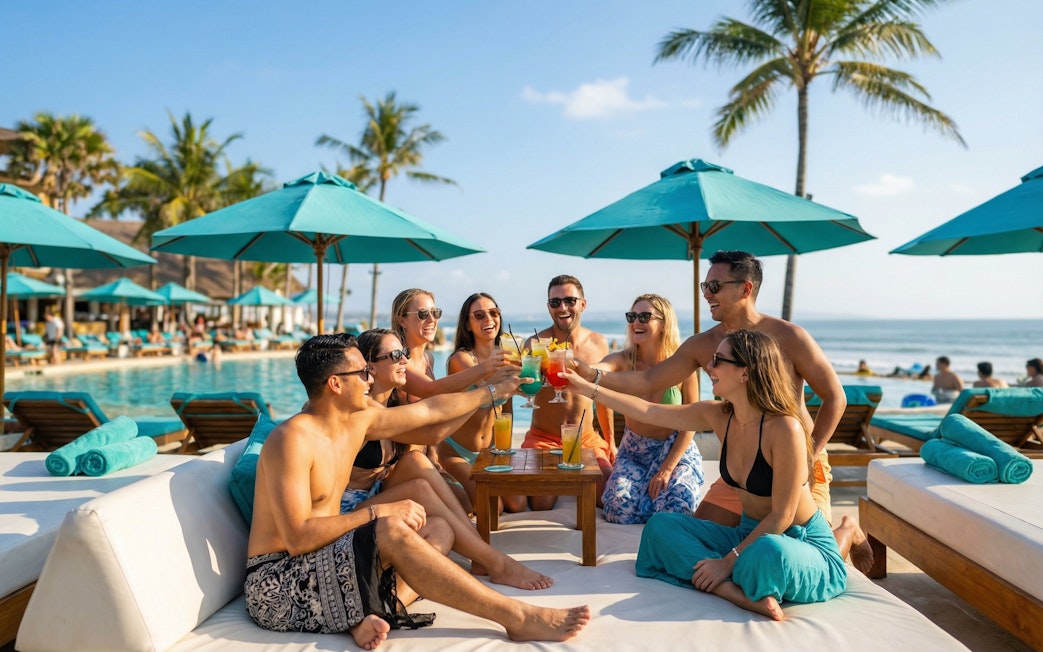 Tourists enjoying drinks at Finn's Beach Club super bed by the pool in Bali.
