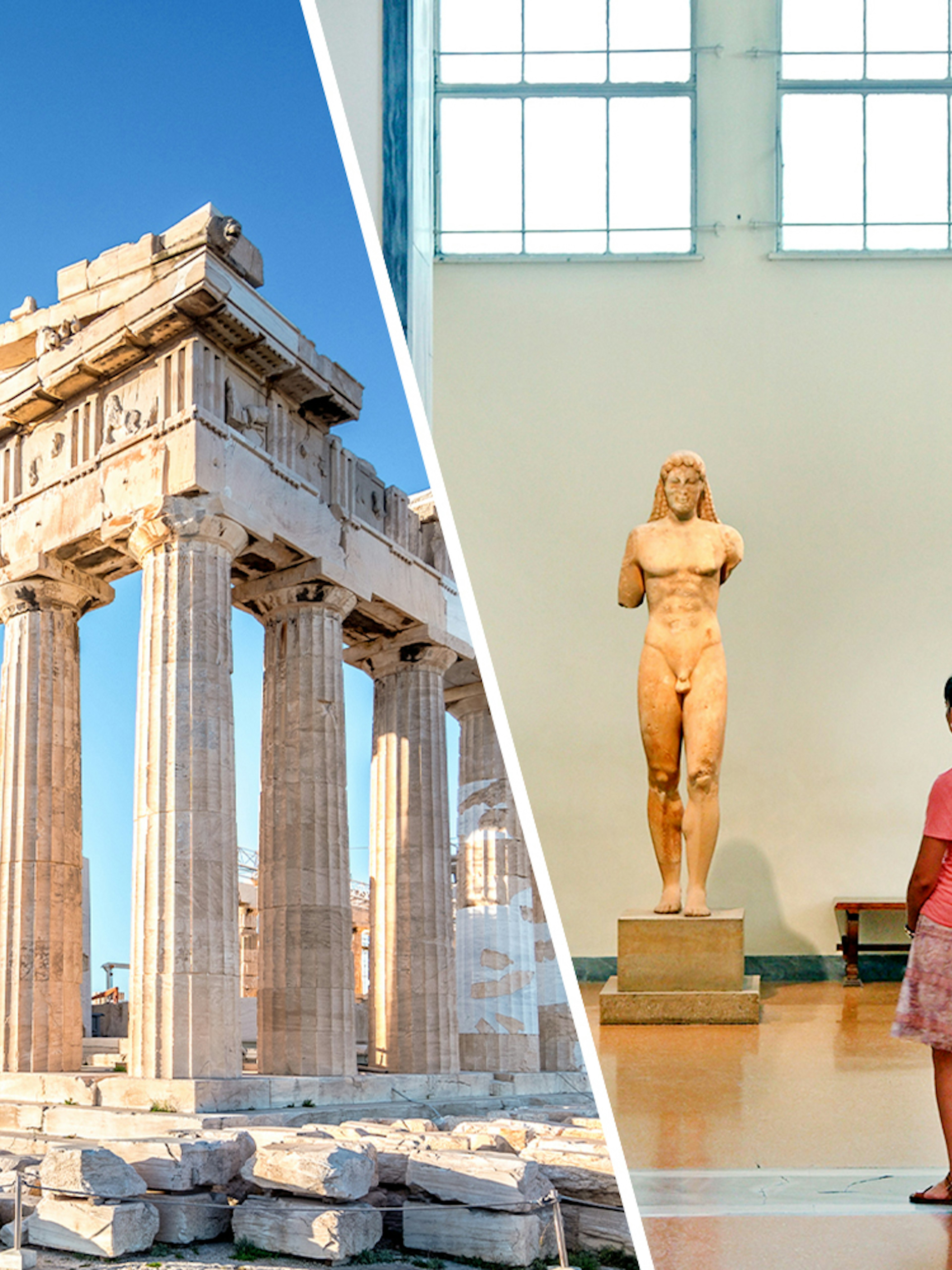 Acropolis Parthenon and Athens National Archaeological Museum statues.