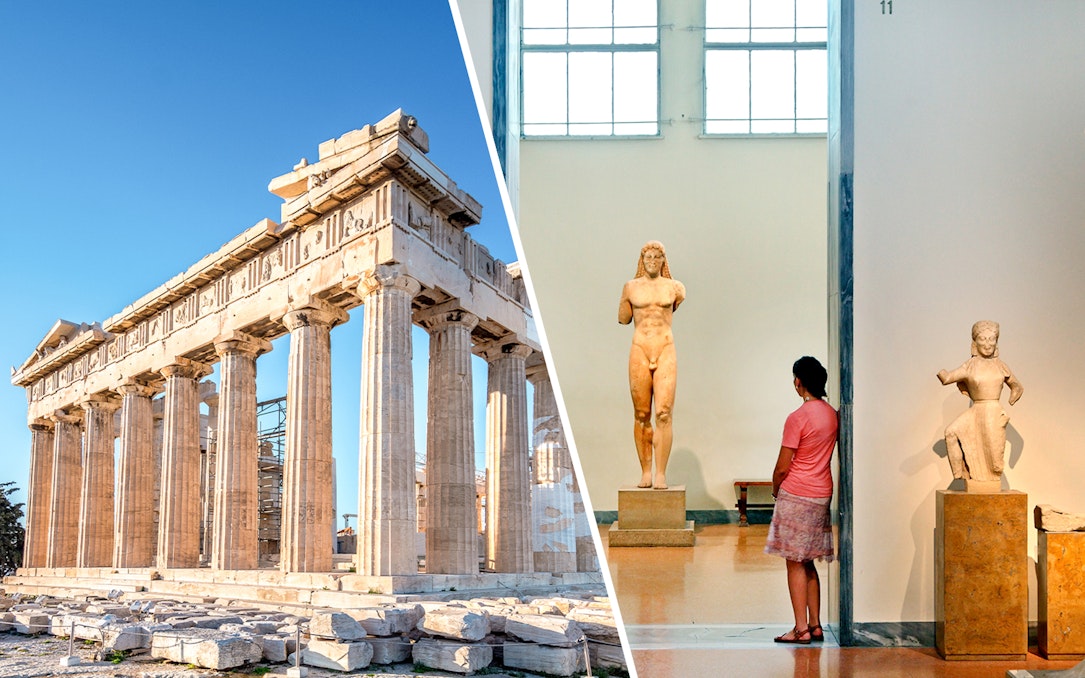 Acropolis Parthenon and Athens National Archaeological Museum statues.