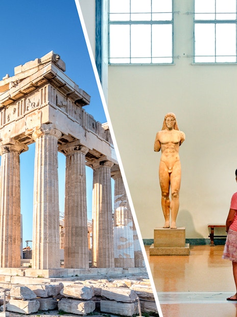 Acropolis Parthenon and Athens National Archaeological Museum statues.