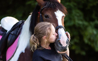 Person kissing a horse during a half-day horse riding tour near a lake in Krakow.