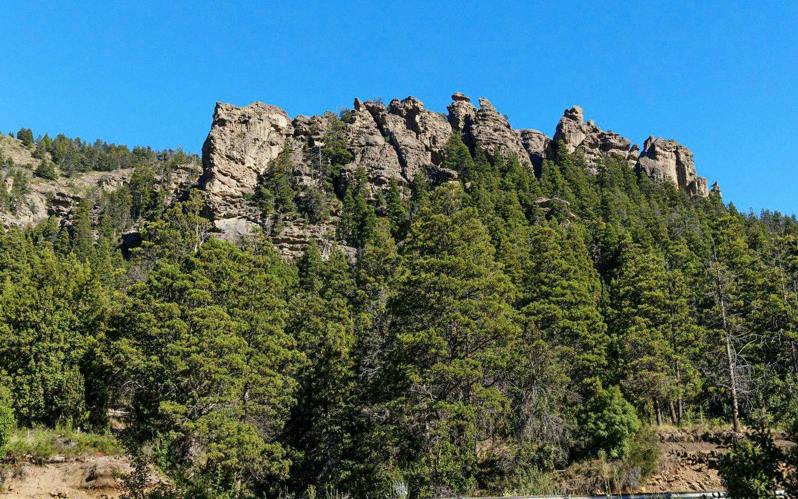 Rocky formations above forested landscape in Patagonia's Enchanted Valley.
