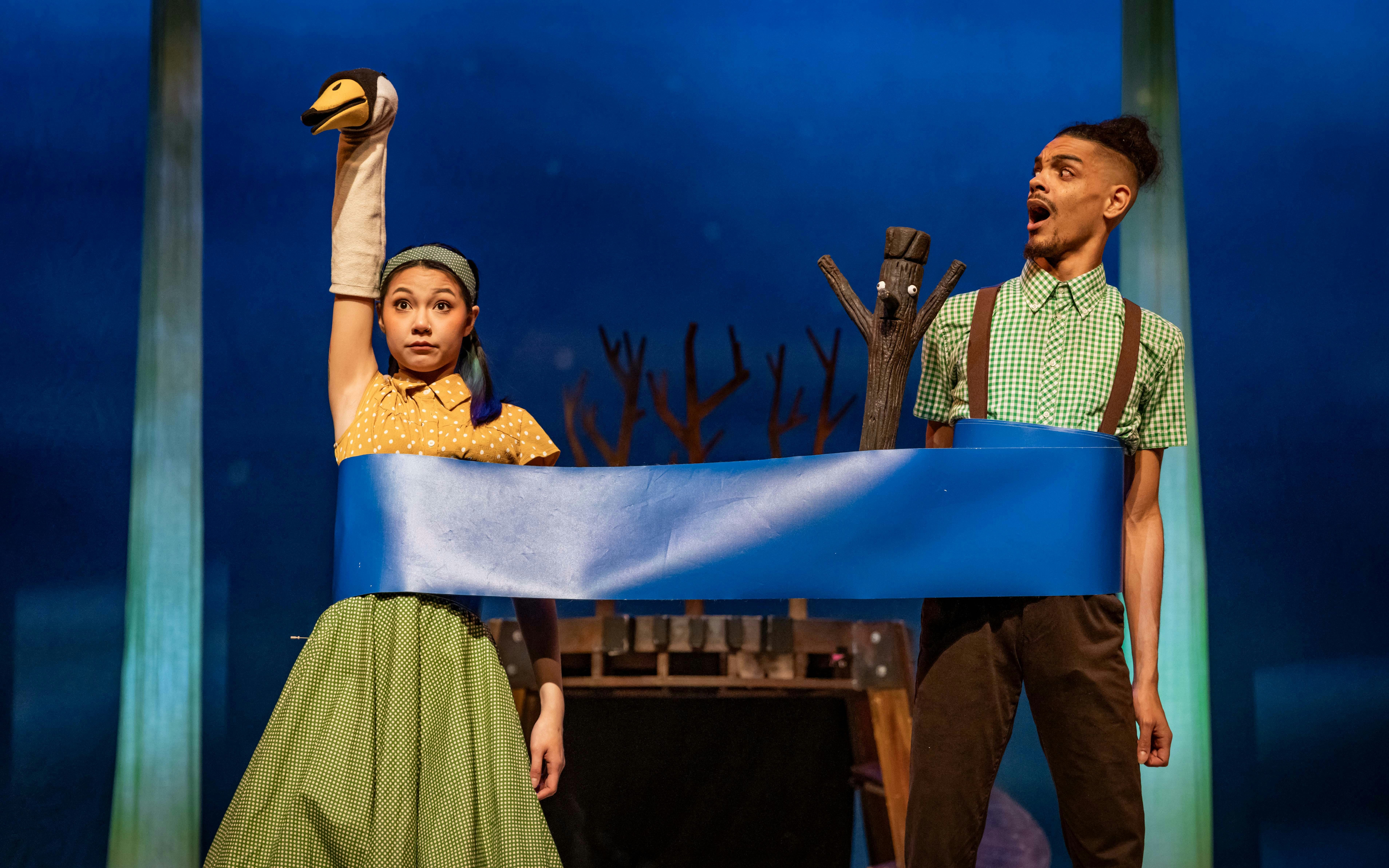 Stage performance of Stick Man with actors and puppet, Westend.