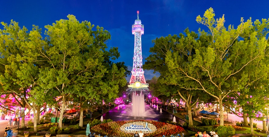 Kings Dominion Eiffel Tower replica illuminated at night, Washington DC.