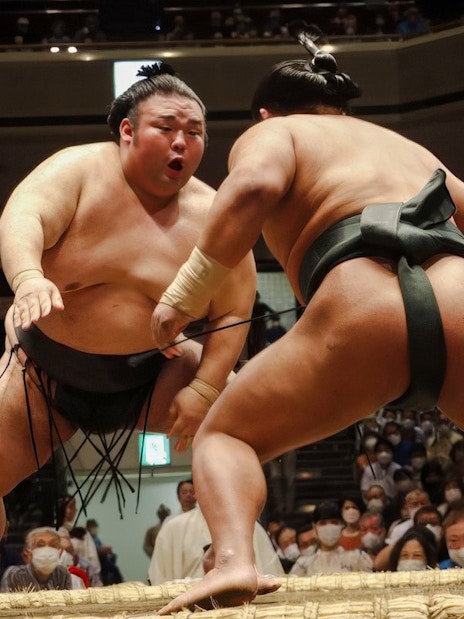 Sumo wrestlers competing in a crowded arena in Japan.
