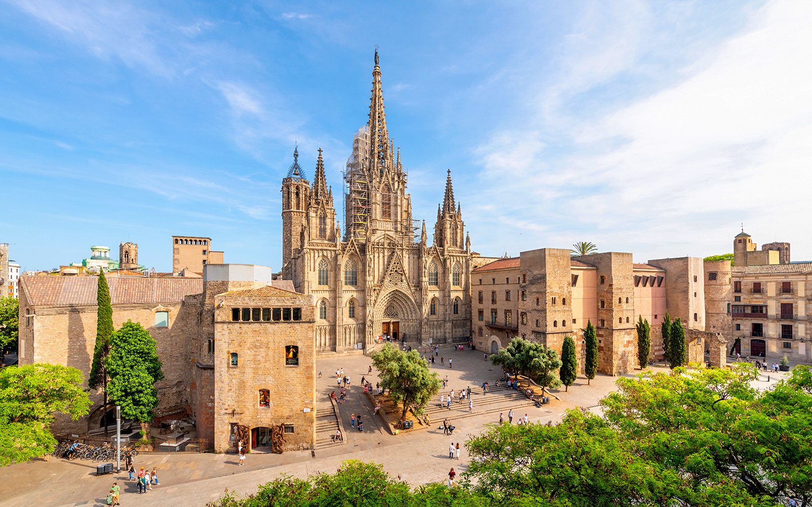 Exterior view of the majestic Cathedral of Barcelona, a must-visit landmark on a day trip, showcasing its intricate Gothic architecture