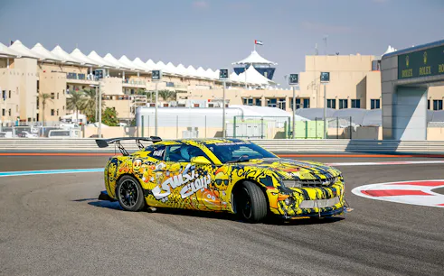 Chevrolet drift car on track at Yas Marina Circuit, Abu Dhabi.