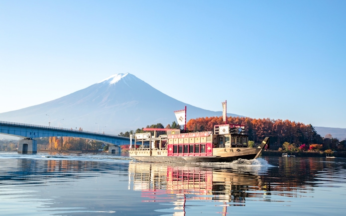 Tour boat on Lake Kawaguchiko with Mt. Fuji in the background.