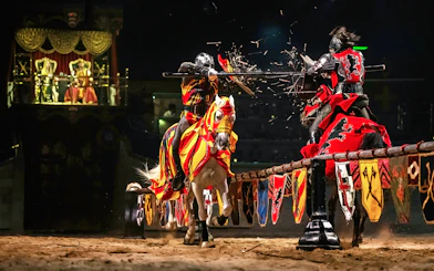 Knights jousting at Medieval Times Dinner & Tournament in Orlando.