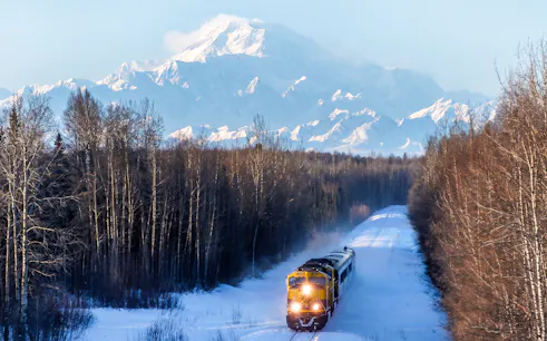 Aurora Winter Train traveling through snowy Alaskan forest with mountains in the background.