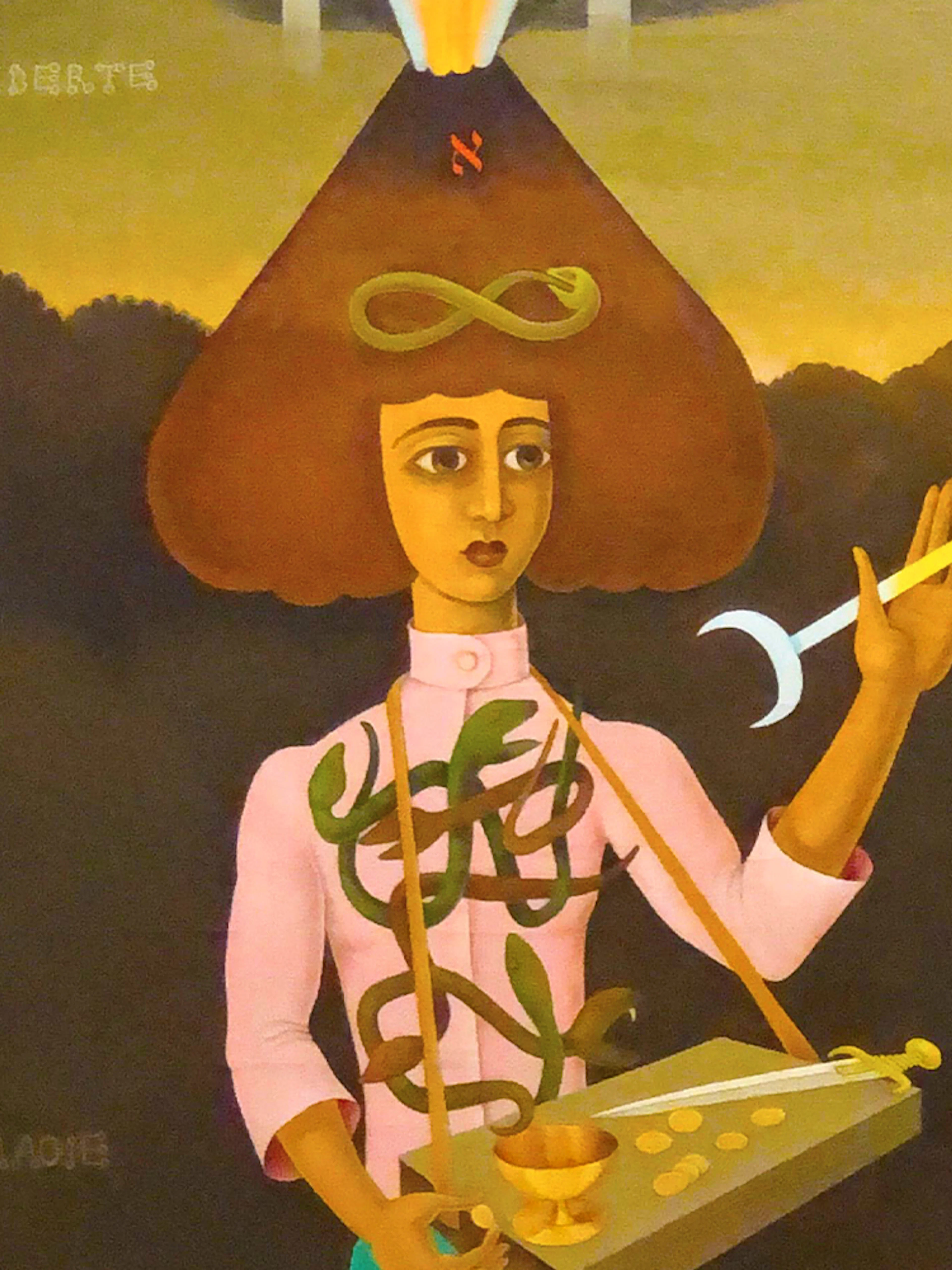 Surreal painting with a figure holding a staff and a bird-headed figure, Peggy Guggenheim Collection.