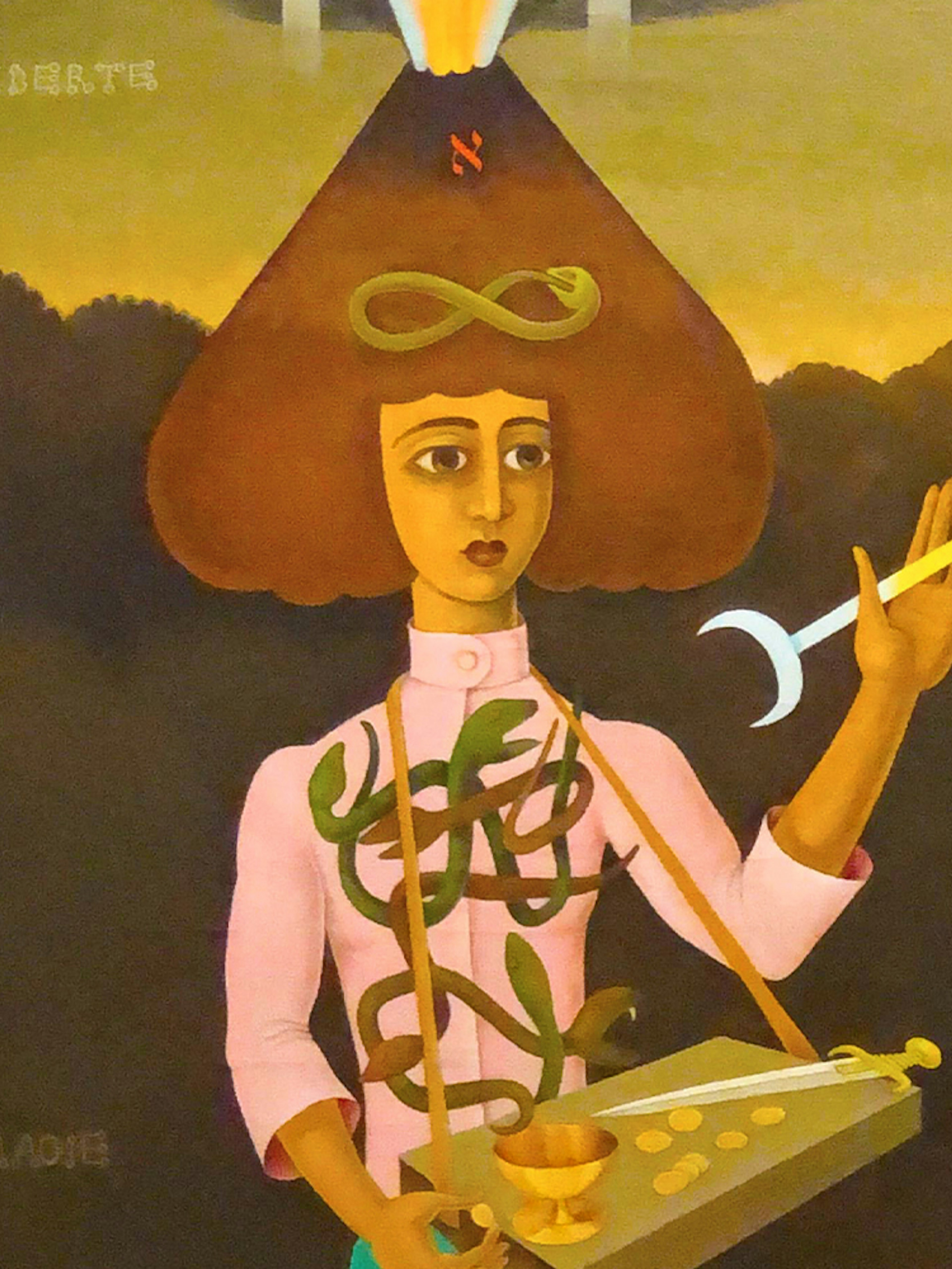 Surreal painting with a figure holding a staff and a bird-headed figure, Peggy Guggenheim Collection.