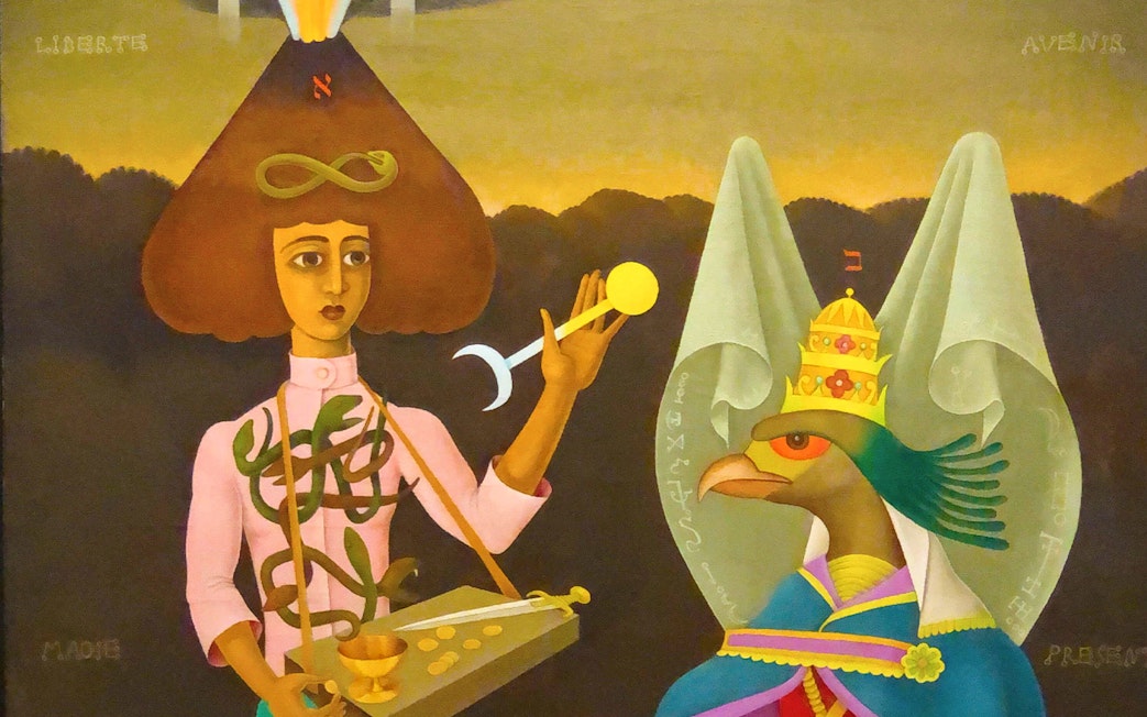 Surreal painting with a figure holding a staff and a bird-headed figure, Peggy Guggenheim Collection.