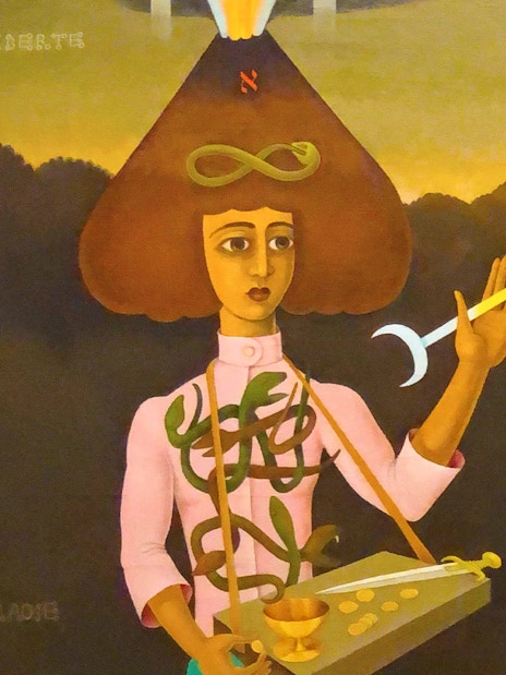 Surreal painting with a figure holding a staff and a bird-headed figure, Peggy Guggenheim Collection.