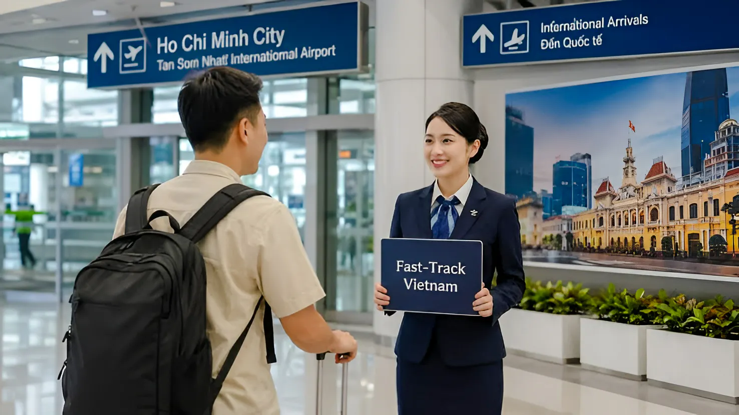 Fast track service at Tan Son Nhat Airport, Ho Chi Minh City, with concierge holding sign.