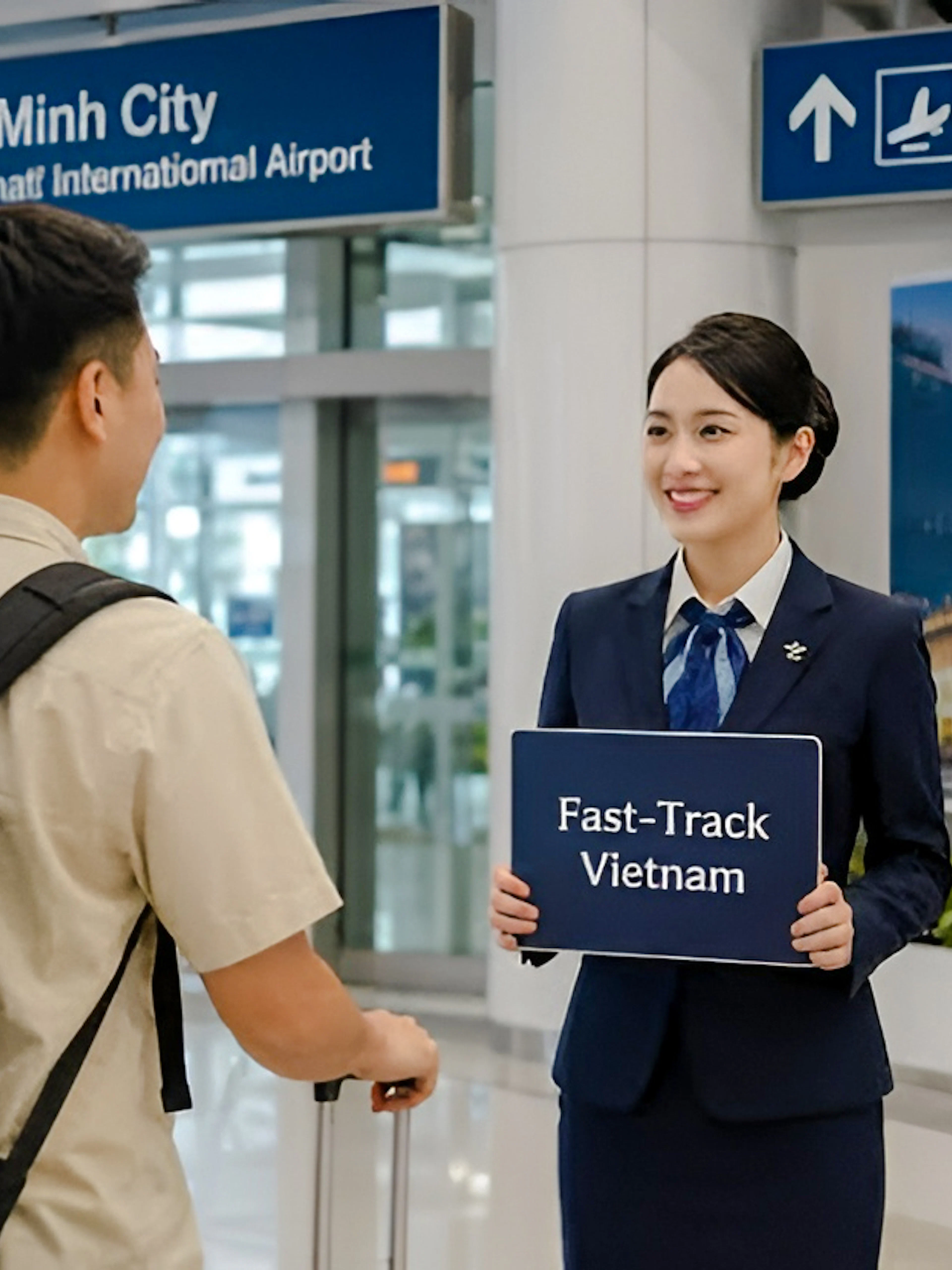 Fast track service at Tan Son Nhat Airport, Ho Chi Minh City, with concierge holding sign.