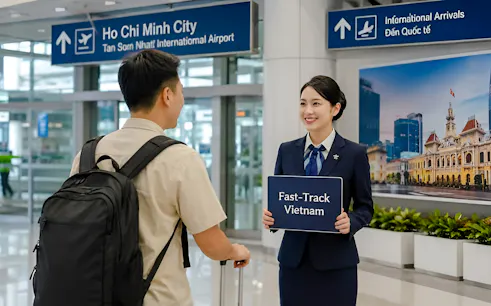 Fast track service at Tan Son Nhat Airport, Ho Chi Minh City, with concierge holding sign.