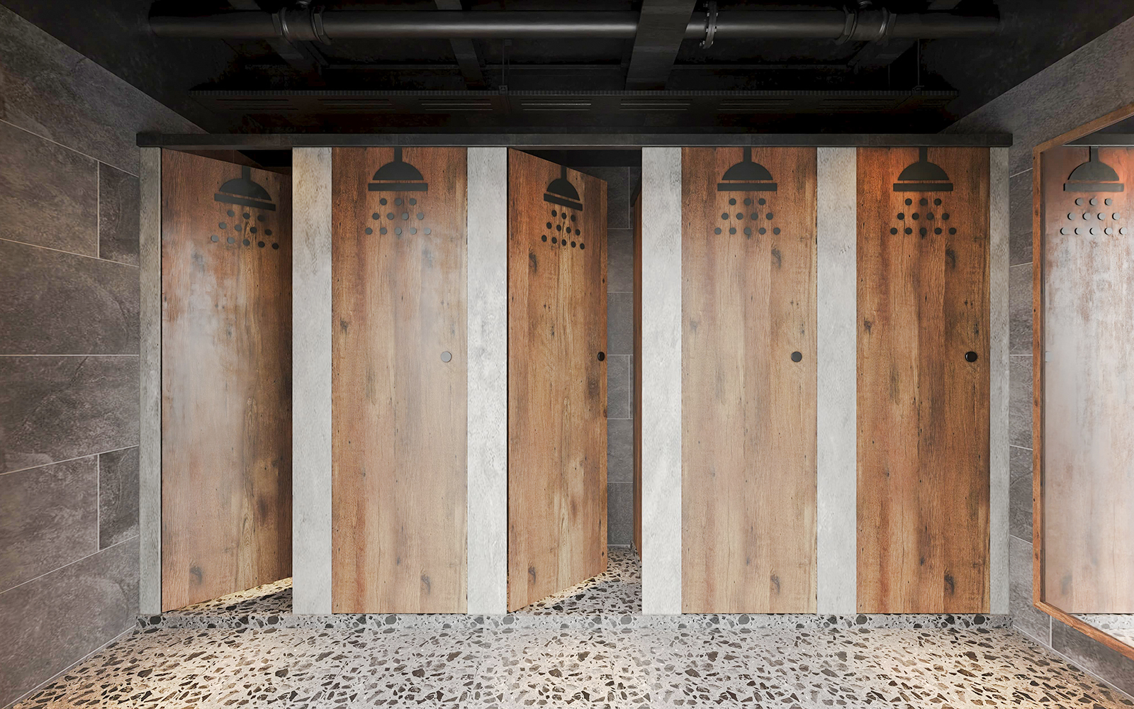 Shower stalls with wooden doors and modern tile flooring.
