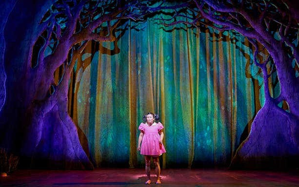 Stage scene from "My Neighbour Totoro" with character in pink dress under tree backdrop.