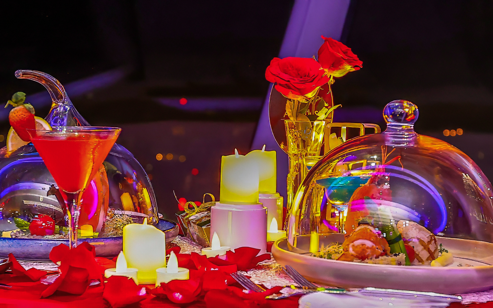 Dinner setup with cocktails and roses at ARAS Revolving Restaurant, KL Tower.