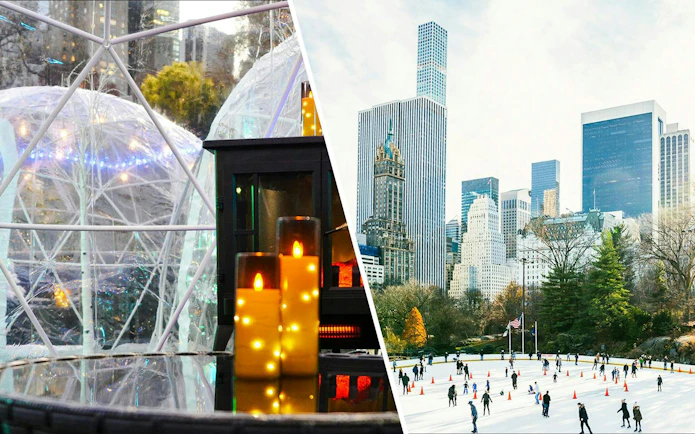 Wollman Rink NYC with skaters and city skyline, adjacent to cozy igloo dining setup.