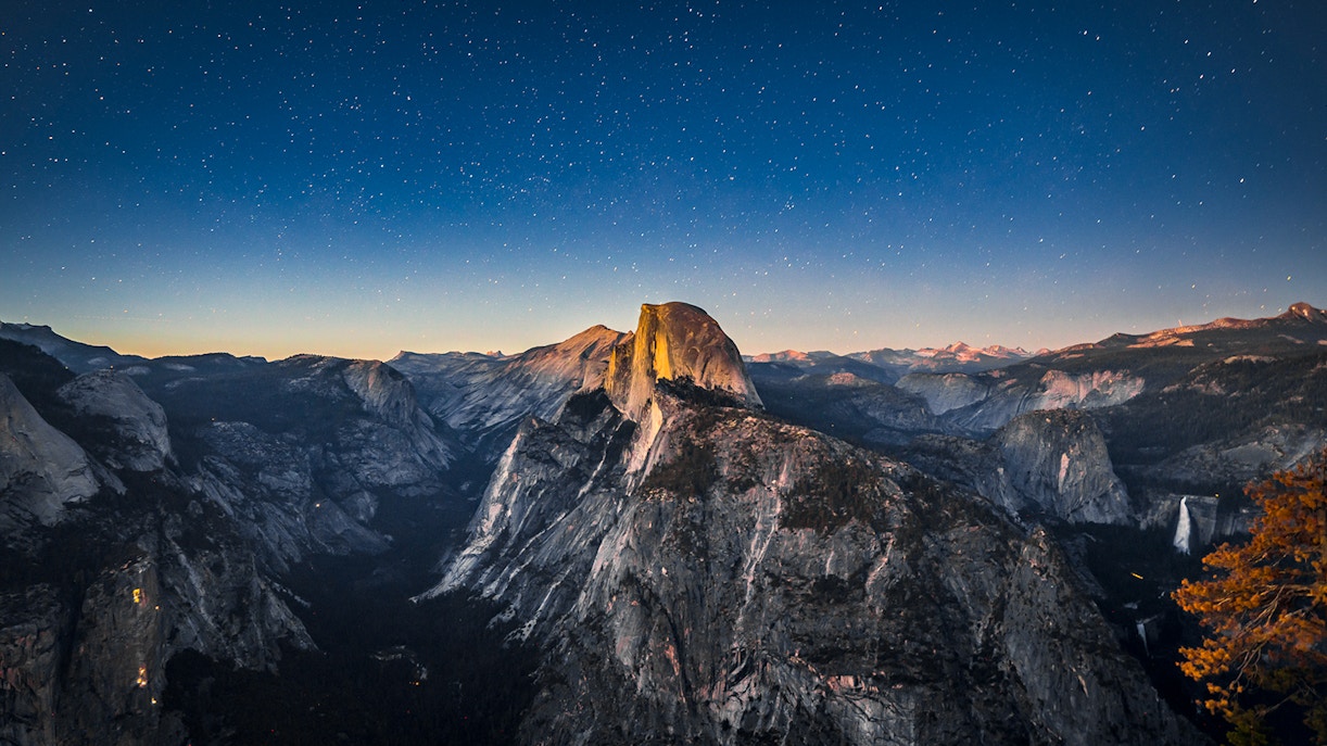 Half Dome under starry night sky, Yosemite National Park.