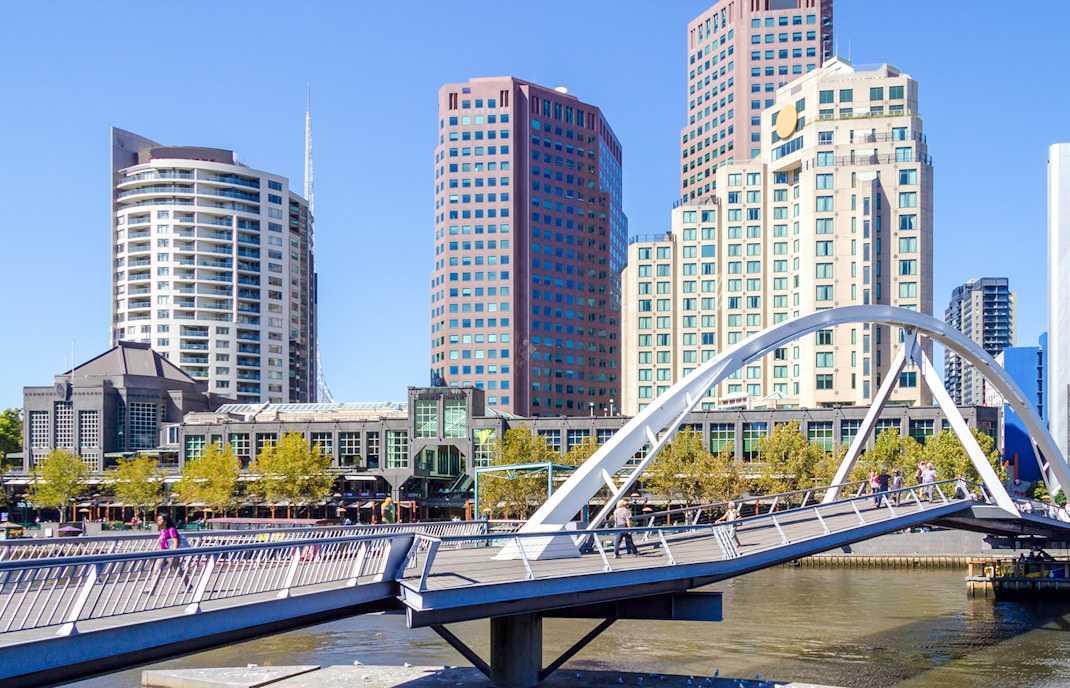 Southgate pedestrian bridge over Yarra River with Melbourne skyline in the background.