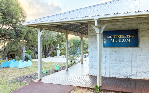 Lightkeepers' Museum sign on stone building at Cape Naturaliste Lighthouse, Western Australia